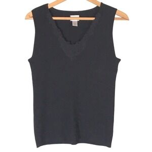 Chicos Black Sleeveless Knit Top Lace Trim V Neck‎ Size 2